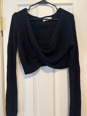 Tiger Mist Black Ribbed Off-Shoulder Cropped Sweater